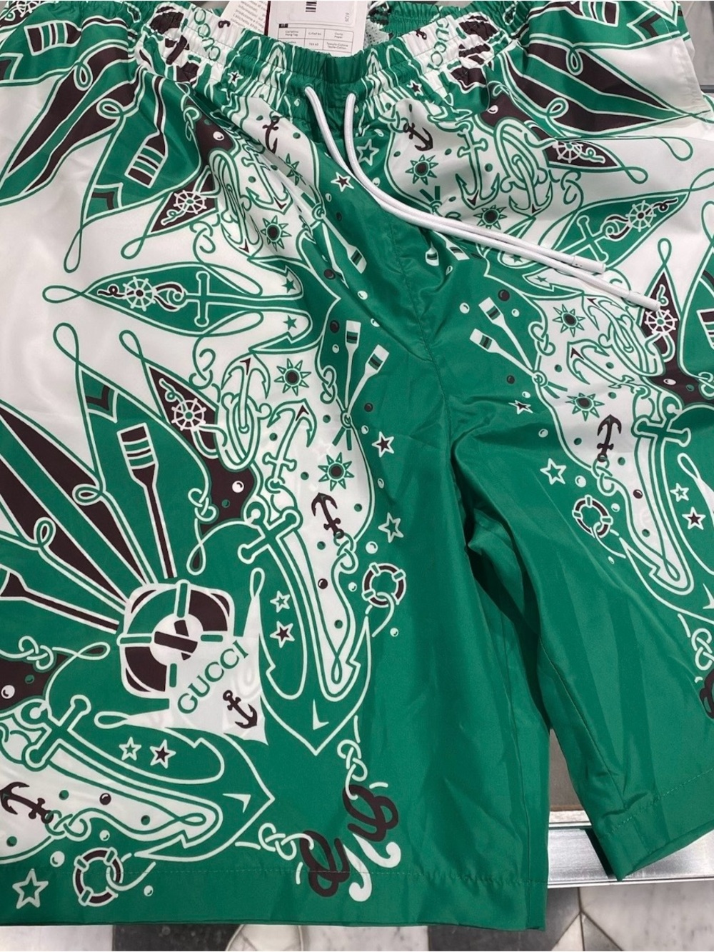 Gucci Green White Brown Logo-Trim Swim Shorts